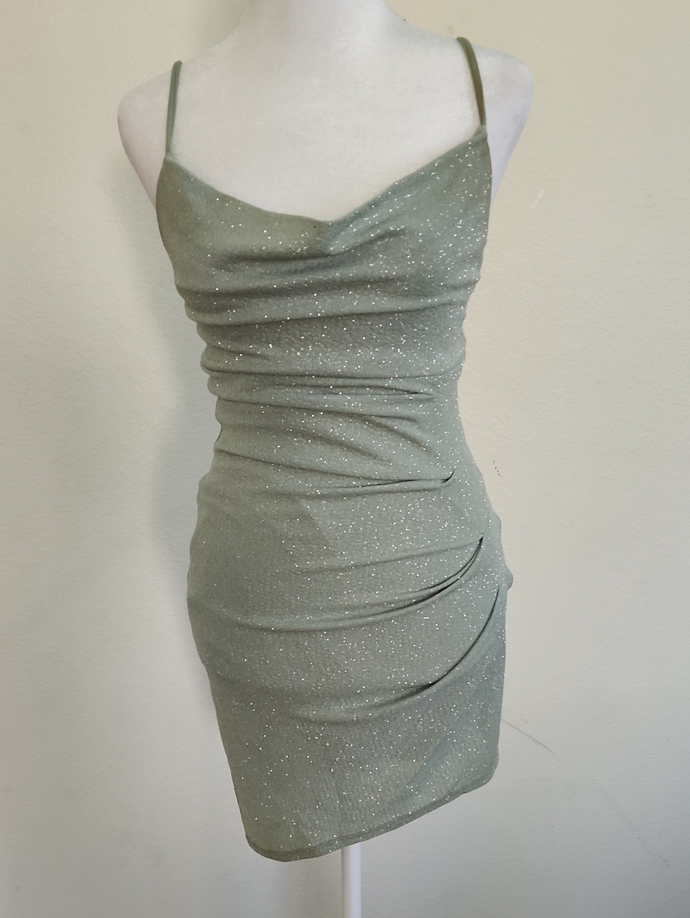City Studio Sage Green Glitter Cowl Mini Dress